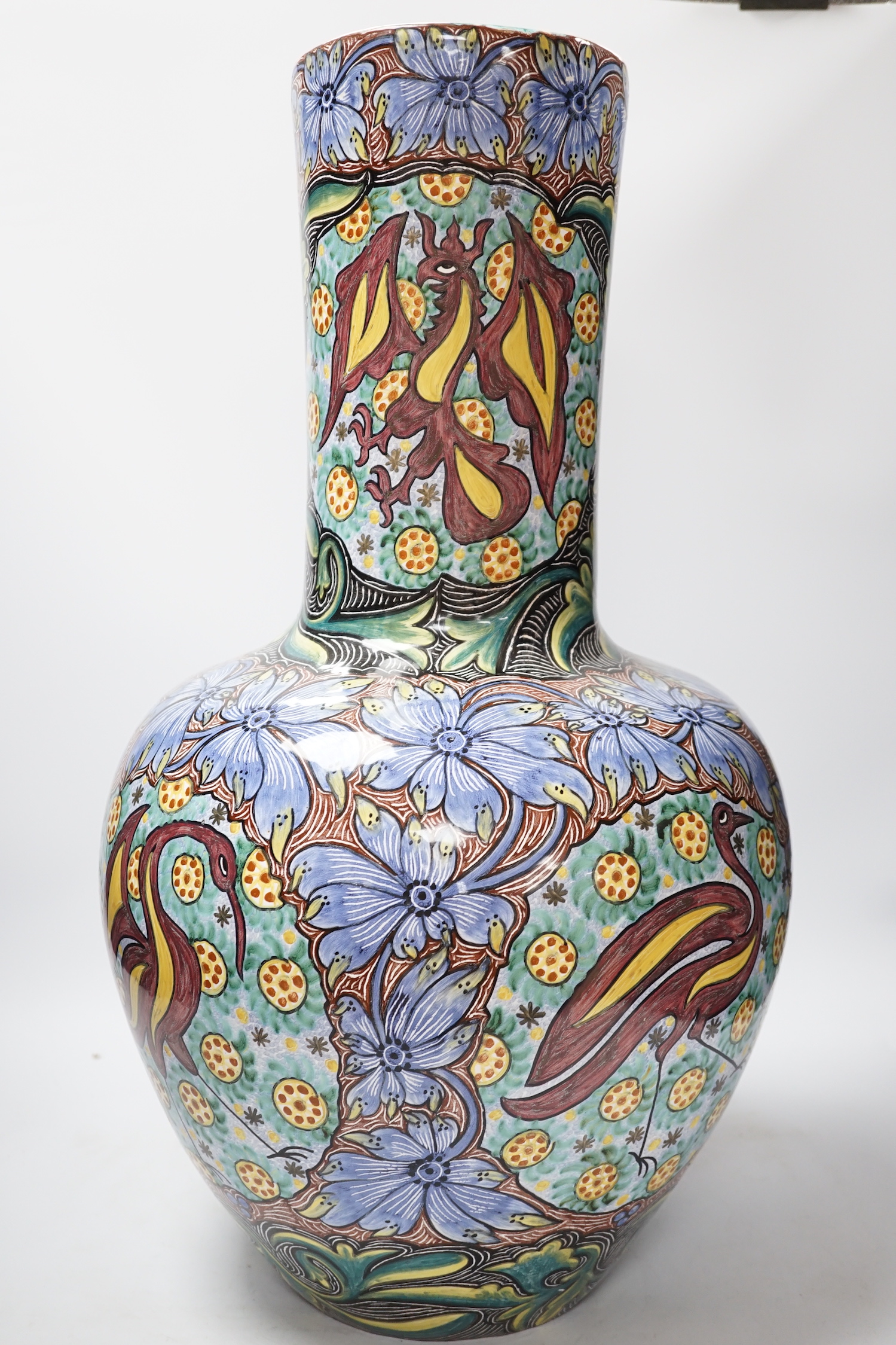 A large Portuguese maiolica vase in de Morgan style, 58.5cm high